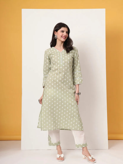 Green And White Cotton Straight Kurta Dupatta Set