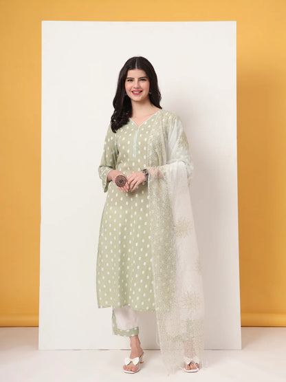 Green And White Cotton Straight Kurta Dupatta Set