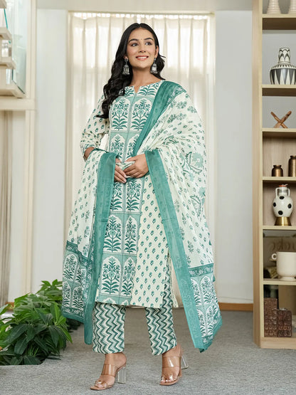 Green And White Ethnic Motifs Straight Kurta Trouser Dupatta Set