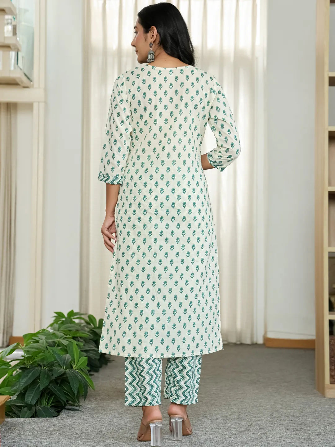 Green And White Ethnic Motifs Straight Kurta Trouser Dupatta Set