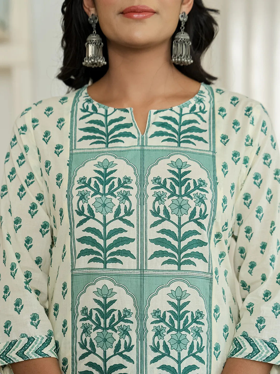 Green And White Ethnic Motifs Straight Kurta Trouser Dupatta Set