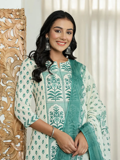 Green And White Ethnic Motifs Straight Kurta Trouser Dupatta Set