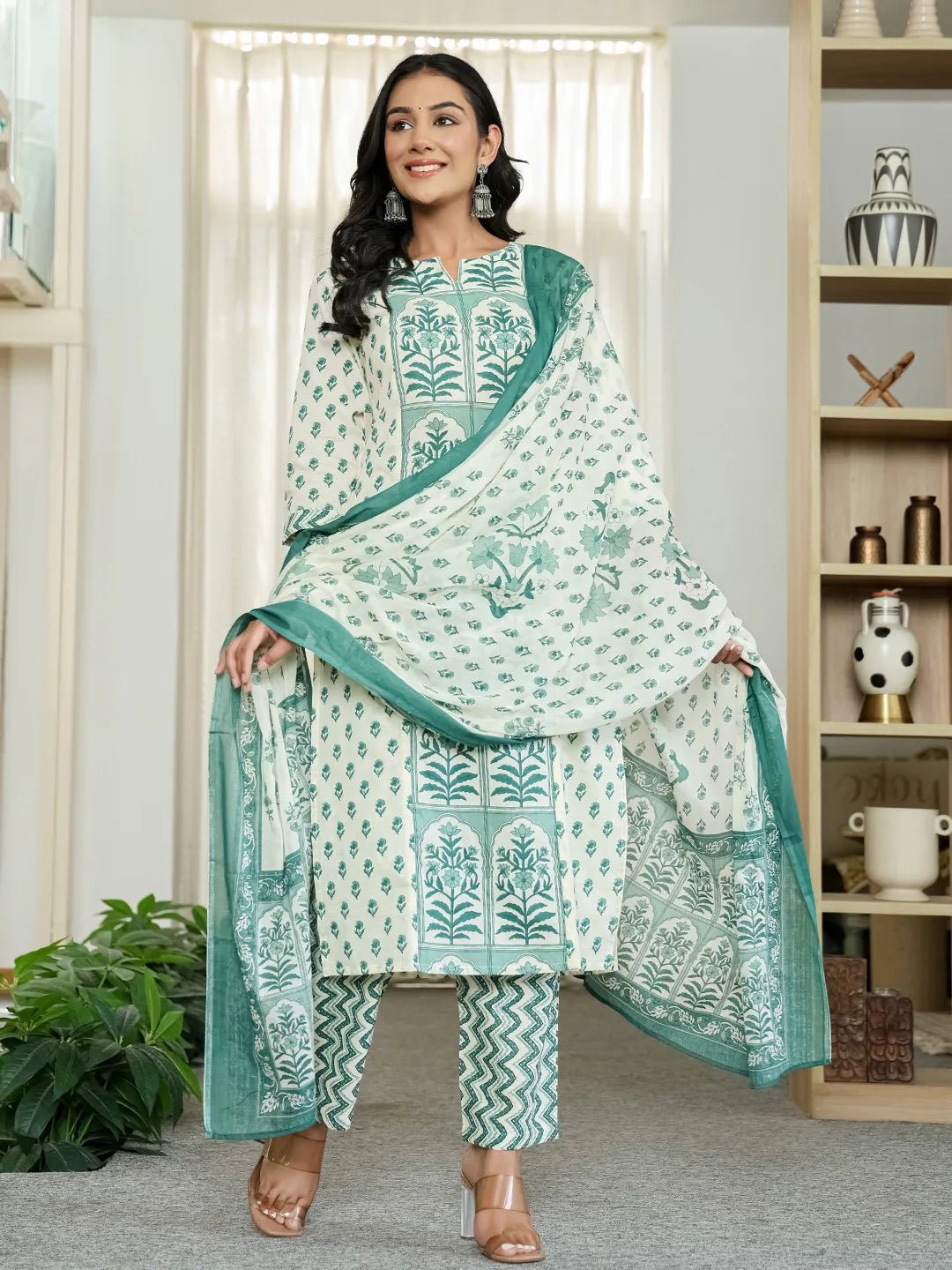 Green And White Ethnic Motifs Straight Kurta Trouser Dupatta Set