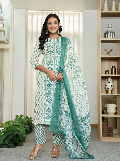 Green And White Ethnic Motifs Straight Kurta Trouser Dupatta Set