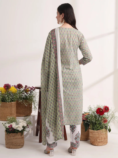 Green And White Hand Embroidery Cotton Kurta Dupatta Set