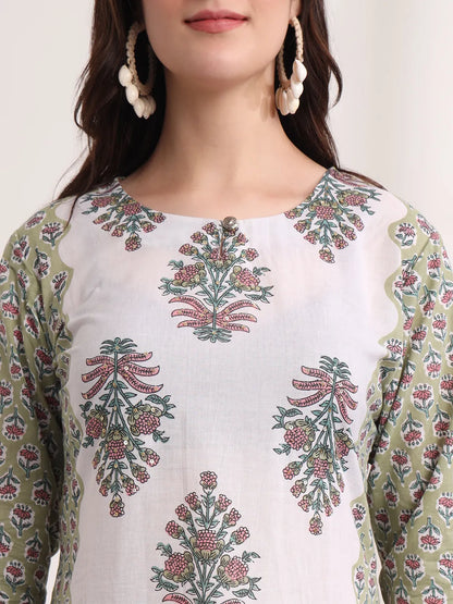 Green And White Hand Embroidery Cotton Kurta Dupatta Set