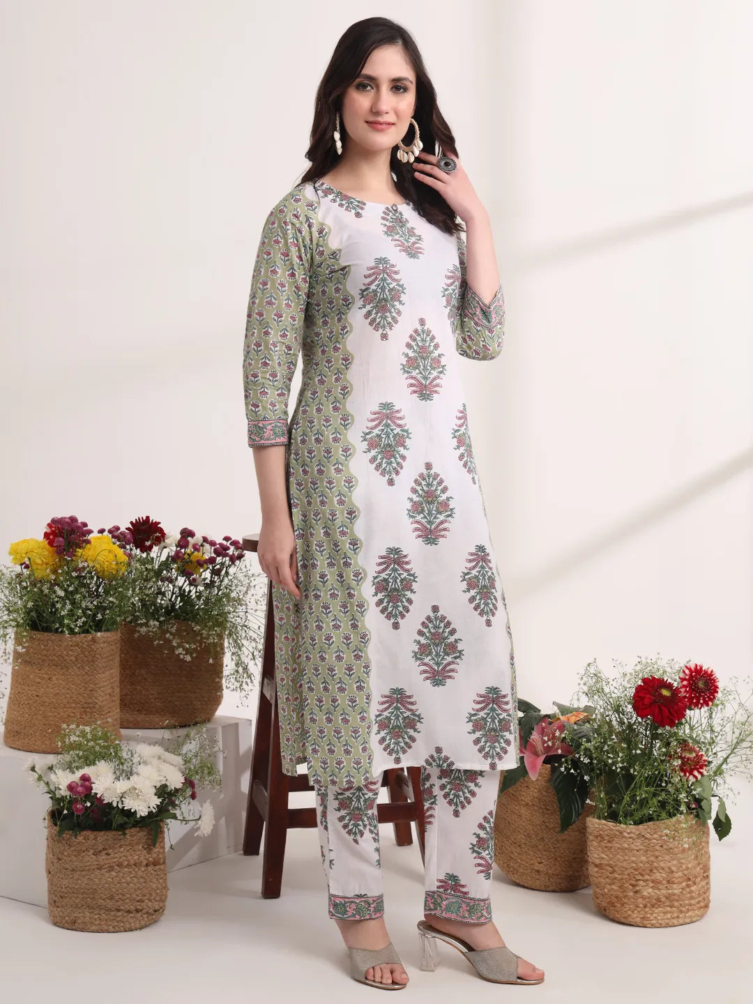 Green And White Hand Embroidery Cotton Kurta Dupatta Set