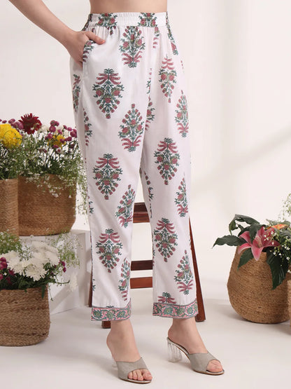 Green And White Hand Embroidery Cotton Kurta Dupatta Set