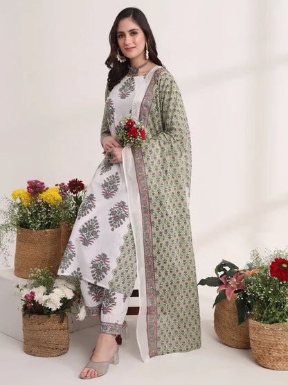 Green And White Hand Embroidery Cotton Kurta Dupatta Set