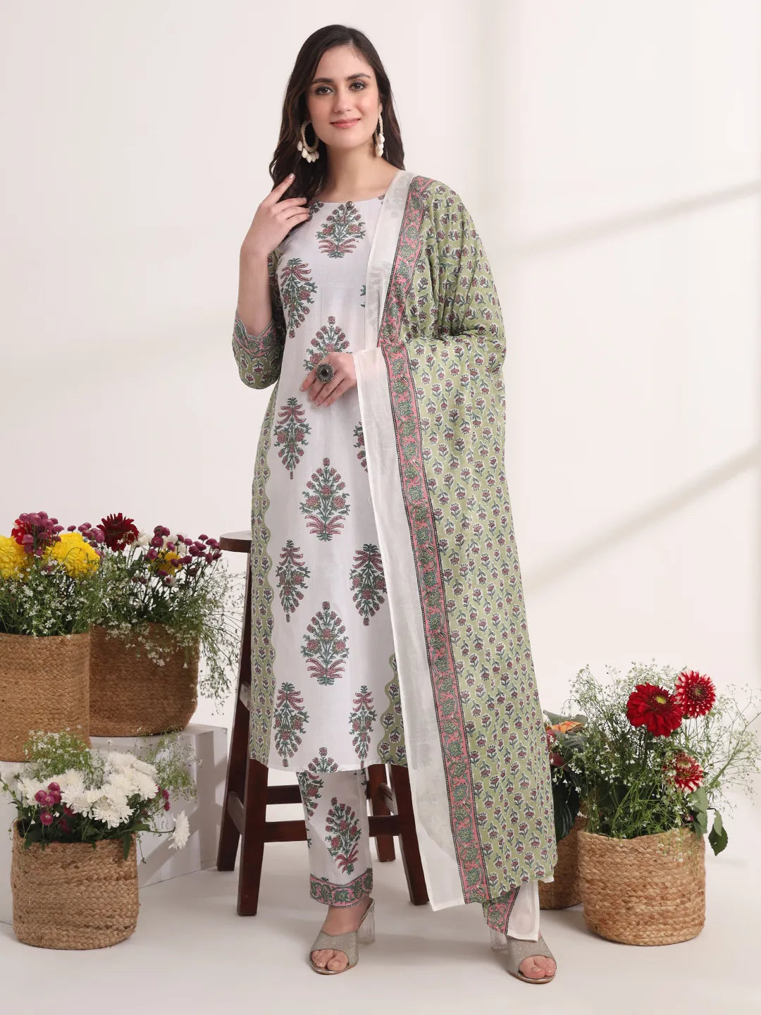 Green And White Hand Embroidery Cotton Kurta Dupatta Set