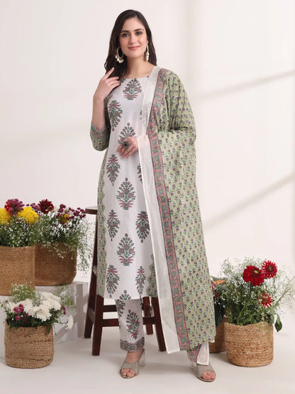Green And White Hand Embroidery Cotton Kurta Dupatta Set
