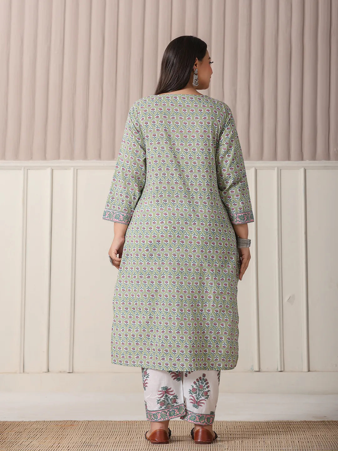 Green And White Hand Embroidery Cotton Plus Size Kurta Dupatta Set