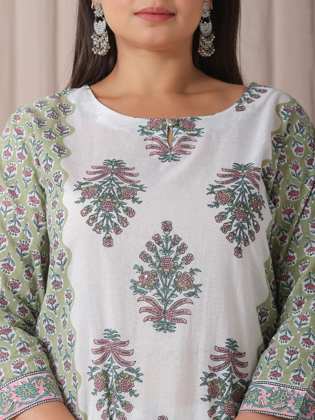 Green And White Hand Embroidery Cotton Plus Size Kurta Dupatta Set