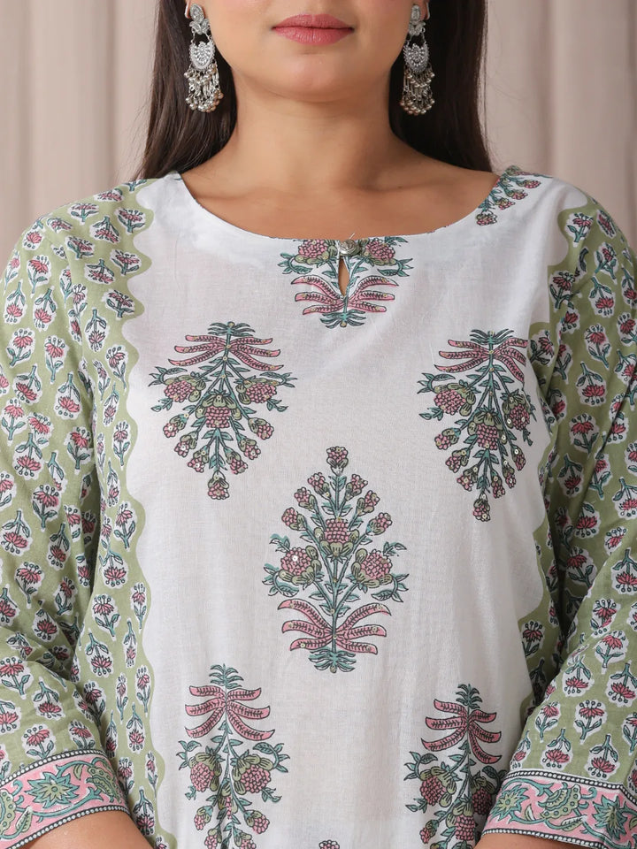 Green And White Hand Embroidery Cotton Plus Size Kurta Dupatta Set