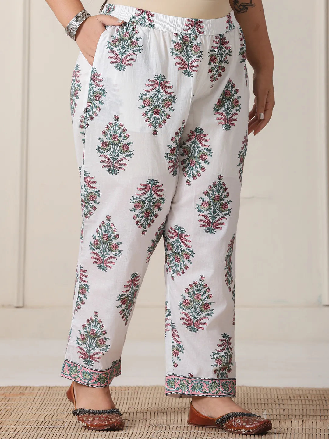 Green And White Hand Embroidery Cotton Plus Size Kurta Dupatta Set