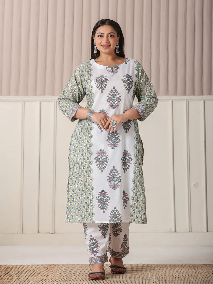 Green And White Hand Embroidery Cotton Plus Size Kurta Dupatta Set