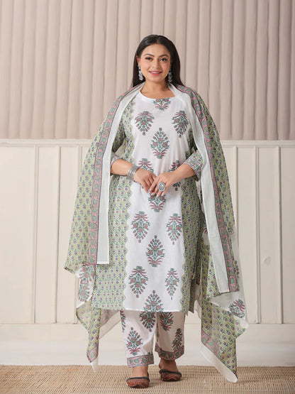 Green And White Hand Embroidery Cotton Plus Size Kurta Dupatta Set