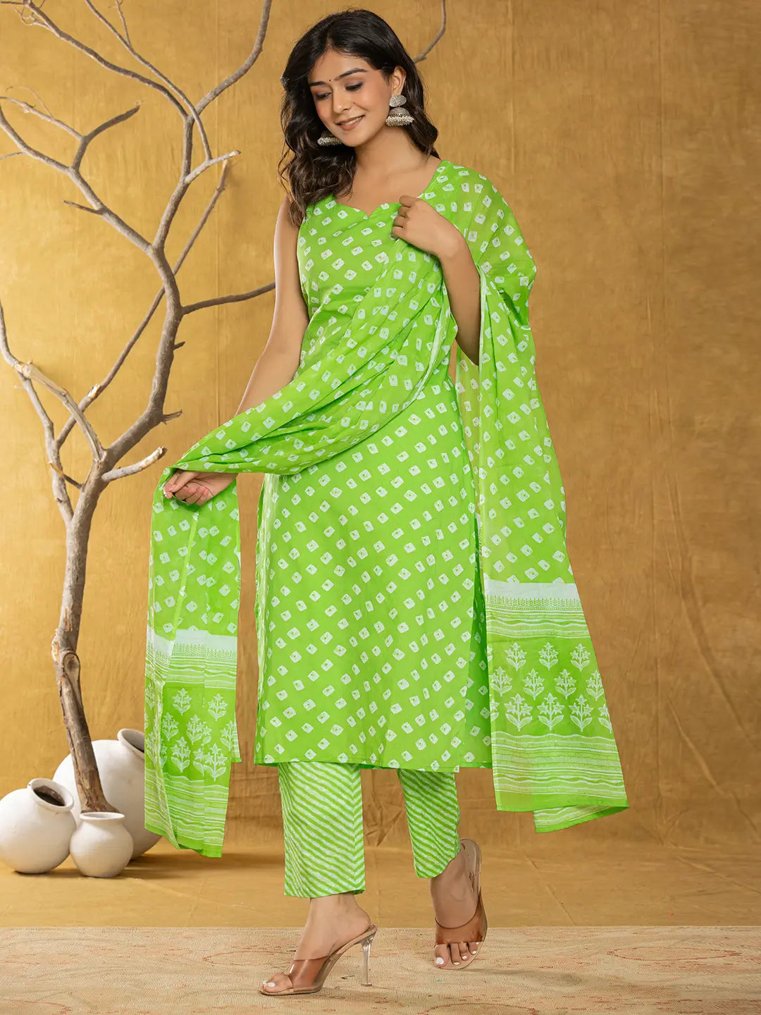 Green Bandhani Cotton Straight Kurta Trouser &amp; Dupatta Set