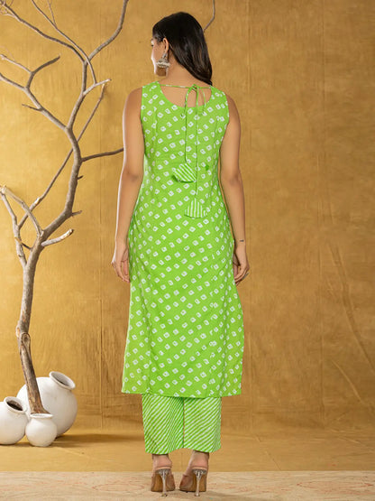 Green Bandhani Cotton Straight Kurta Trouser & Dupatta Set