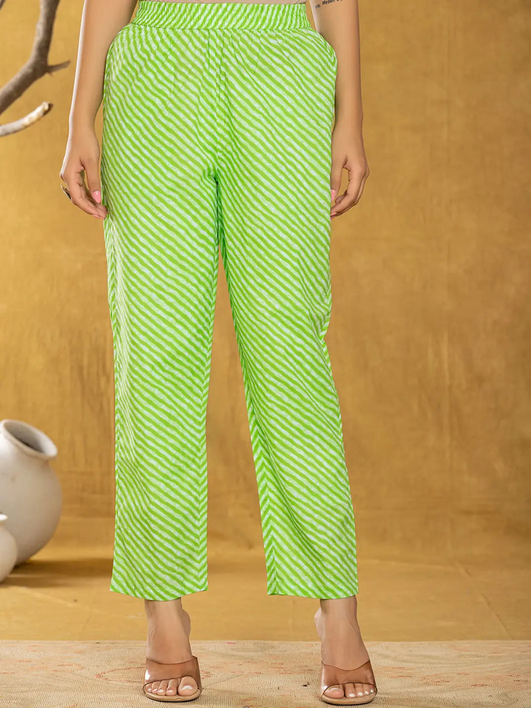 Green Bandhani Cotton Straight Kurta Trouser &amp; Dupatta Set