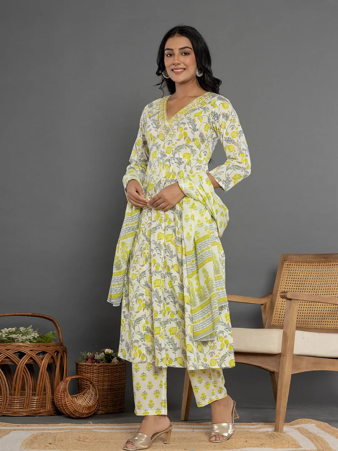 Green Beads & Stones Cotton Anarkali Kurta Dupatta Pant Set