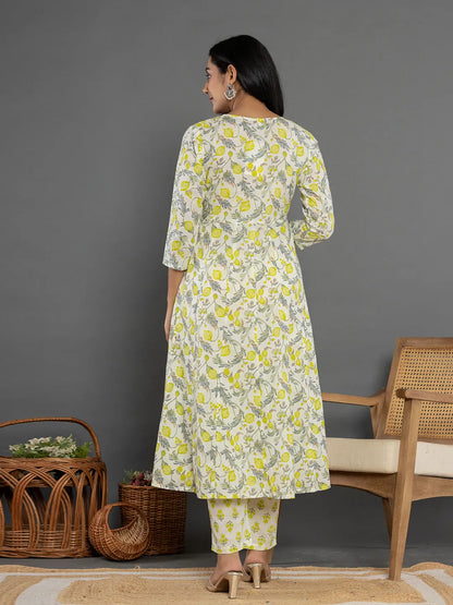 Green Beads & Stones Cotton Anarkali Kurta Dupatta Pant Set