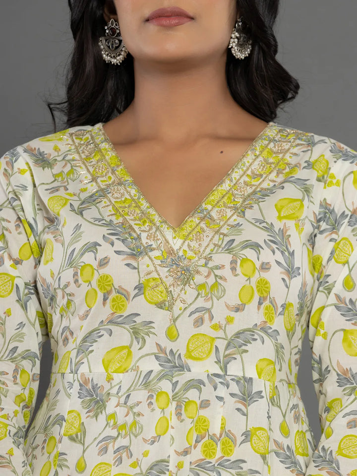 Green Beads &amp; Stones Cotton Anarkali Kurta Dupatta Pant Set