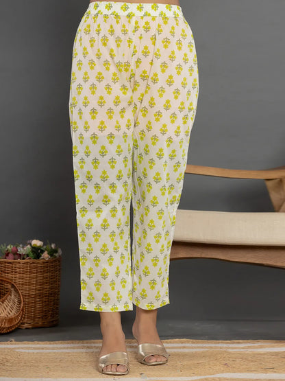 Green Beads & Stones Cotton Anarkali Kurta Dupatta Pant Set