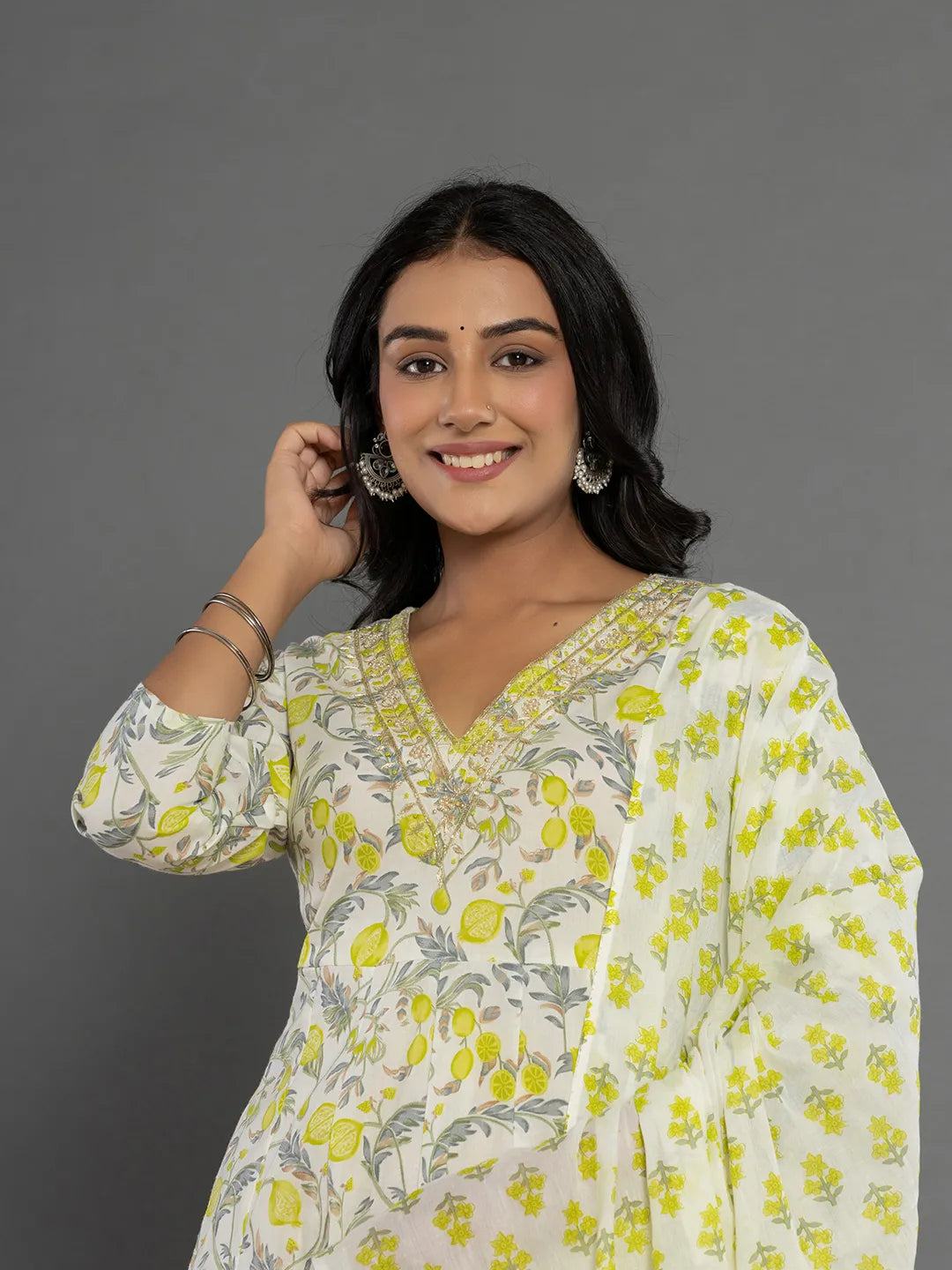 Green Beads &amp; Stones Cotton Anarkali Kurta Dupatta Pant Set