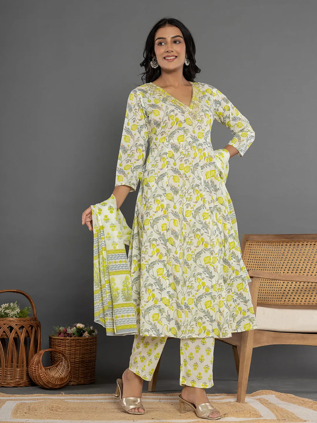 Green Beads &amp; Stones Cotton Anarkali Kurta Dupatta Pant Set