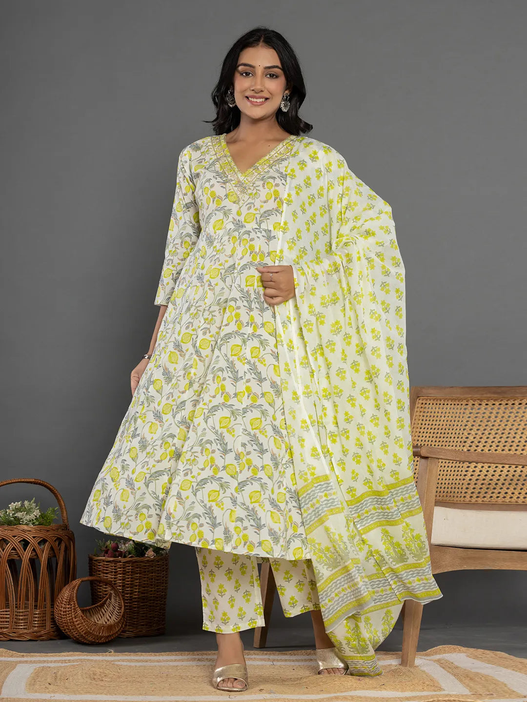 Green Beads & Stones Cotton Anarkali Kurta Dupatta Pant Set