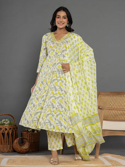 Green Beads & Stones Cotton Anarkali Kurta Dupatta Pant Set