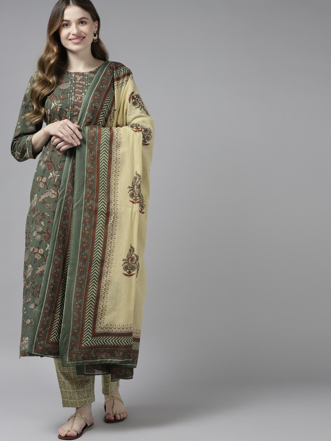 Green & Beige Printed Dupatta Set