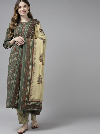 Green & Beige Printed Dupatta Set