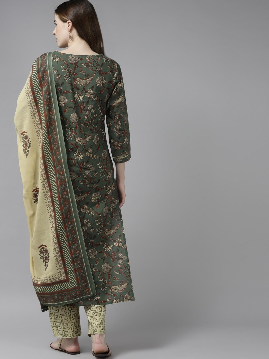 Green & Beige Printed Dupatta Set