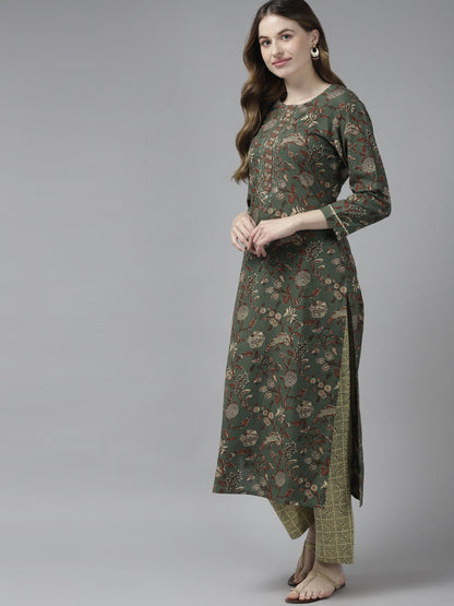 Green & Beige Printed Dupatta Set
