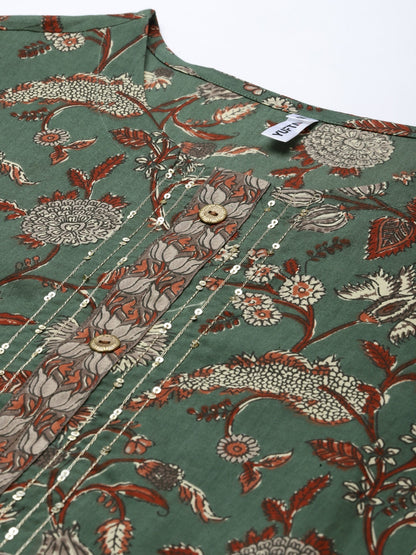 Green & Beige Printed Dupatta Set