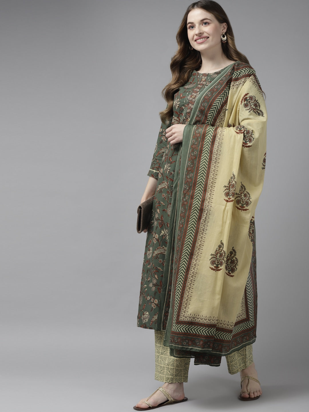 Green & Beige Printed Dupatta Set