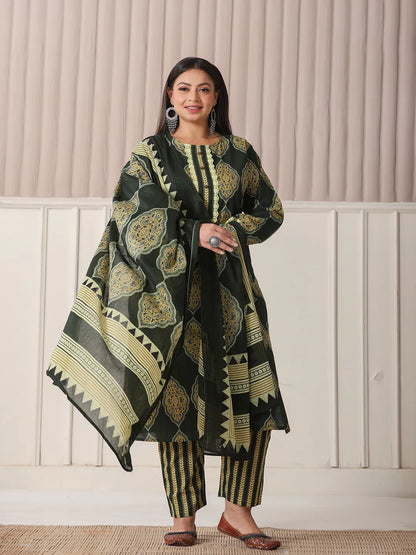 Green Block Print Cotton Lace Work Plus Size Kurta Set With Pant & Dupatta