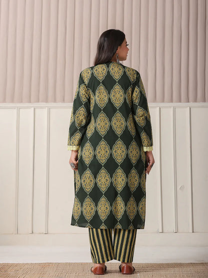 Green Block Print Cotton Lace Work Plus Size Kurta Set With Pant & Dupatta
