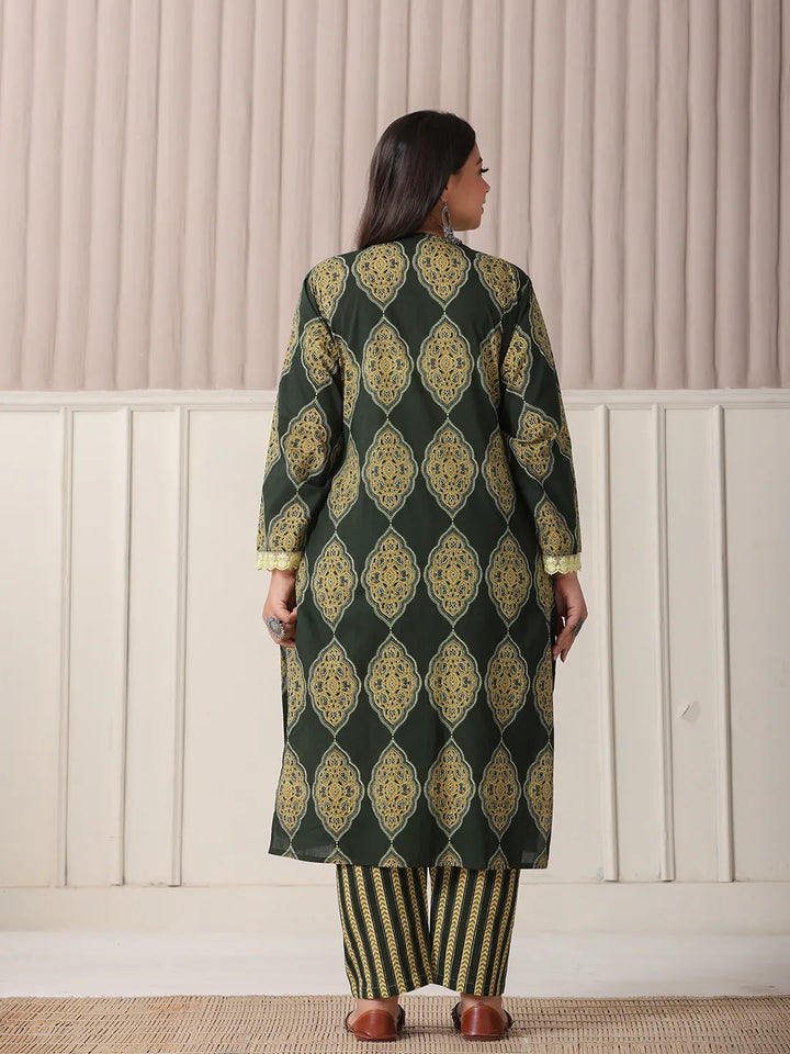 Green Block Print Cotton Lace Work Plus Size Kurta Set With Pant &amp; Dupatta
