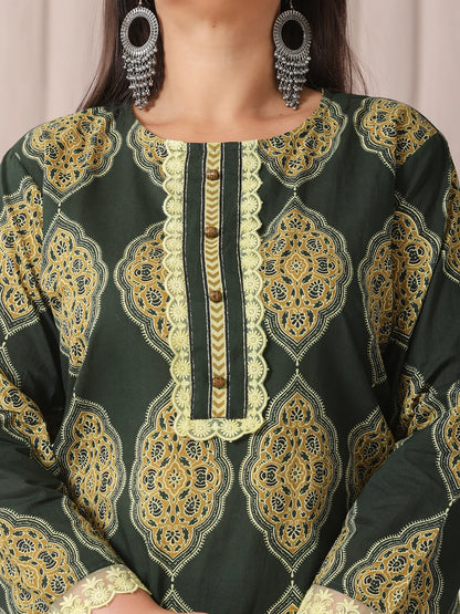 Green Block Print Cotton Lace Work Plus Size Kurta Set With Pant & Dupatta