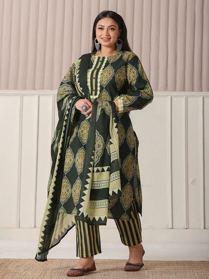 Green Block Print Cotton Lace Work Plus Size Kurta Set With Pant & Dupatta