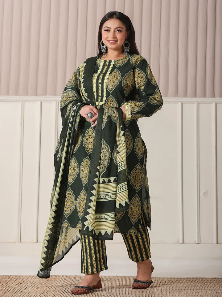 Green Block Print Cotton Lace Work Plus Size Kurta Set With Pant &amp; Dupatta
