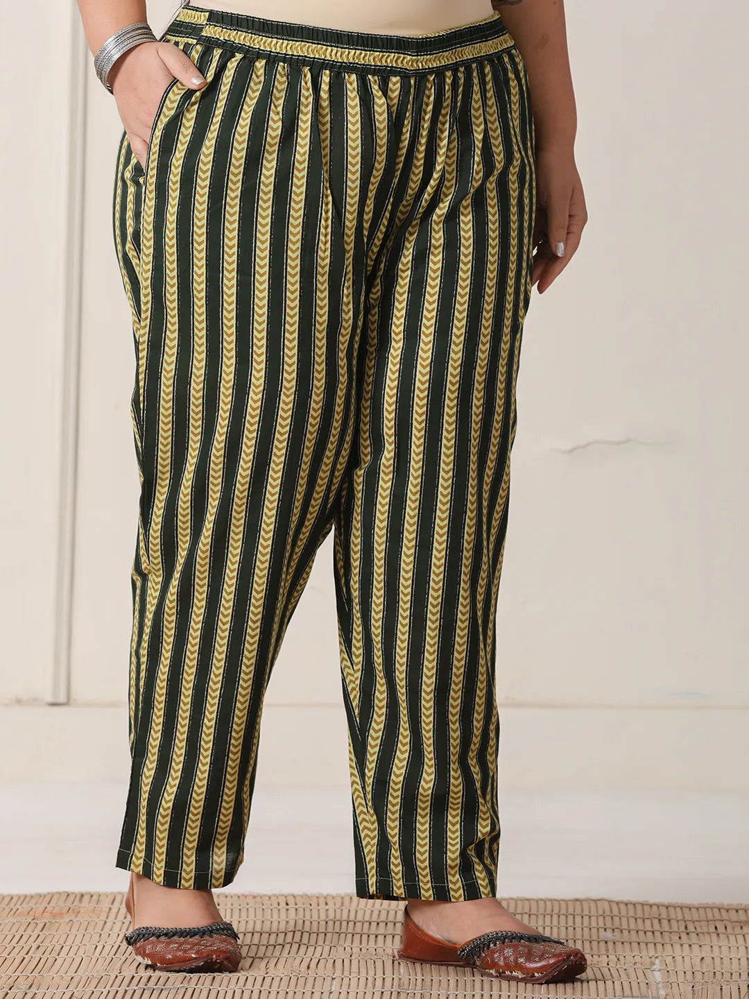 Green Block Print Cotton Lace Work Plus Size Kurta Set With Pant & Dupatta