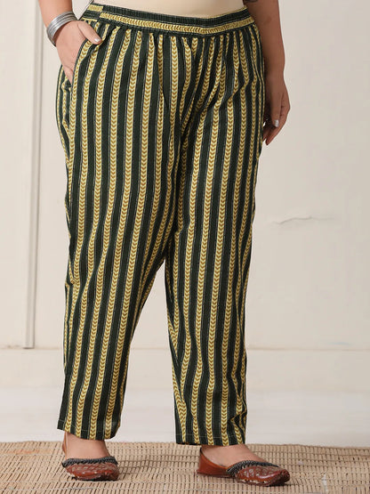 Green Block Print Cotton Lace Work Plus Size Kurta Set With Pant & Dupatta