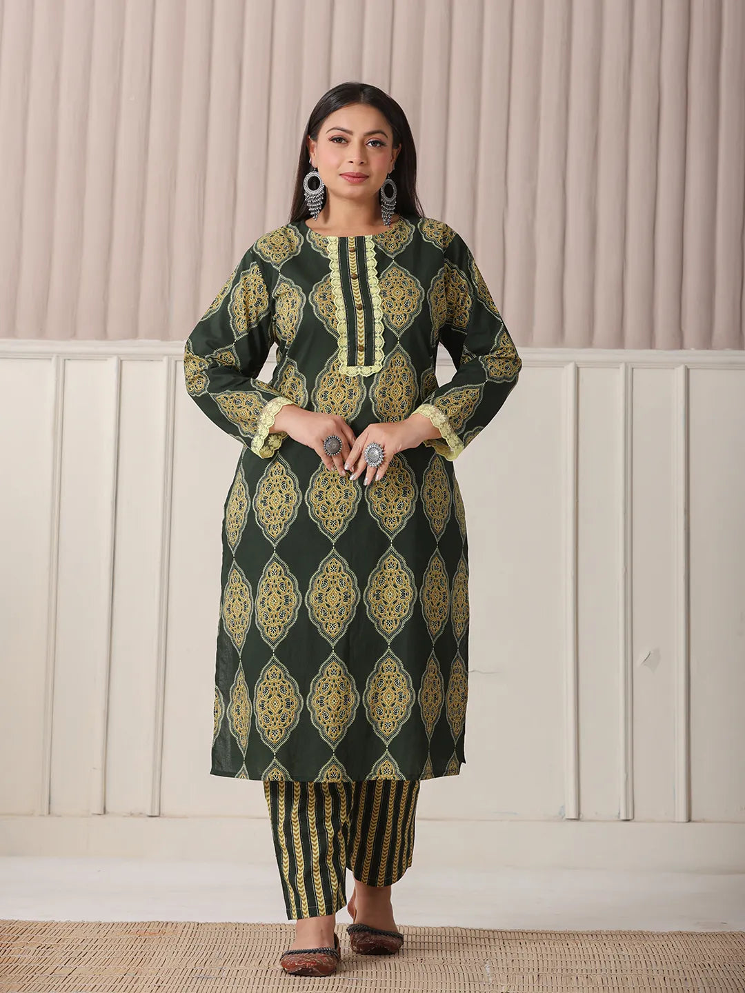 Green Block Print Cotton Lace Work Plus Size Kurta Set With Pant & Dupatta