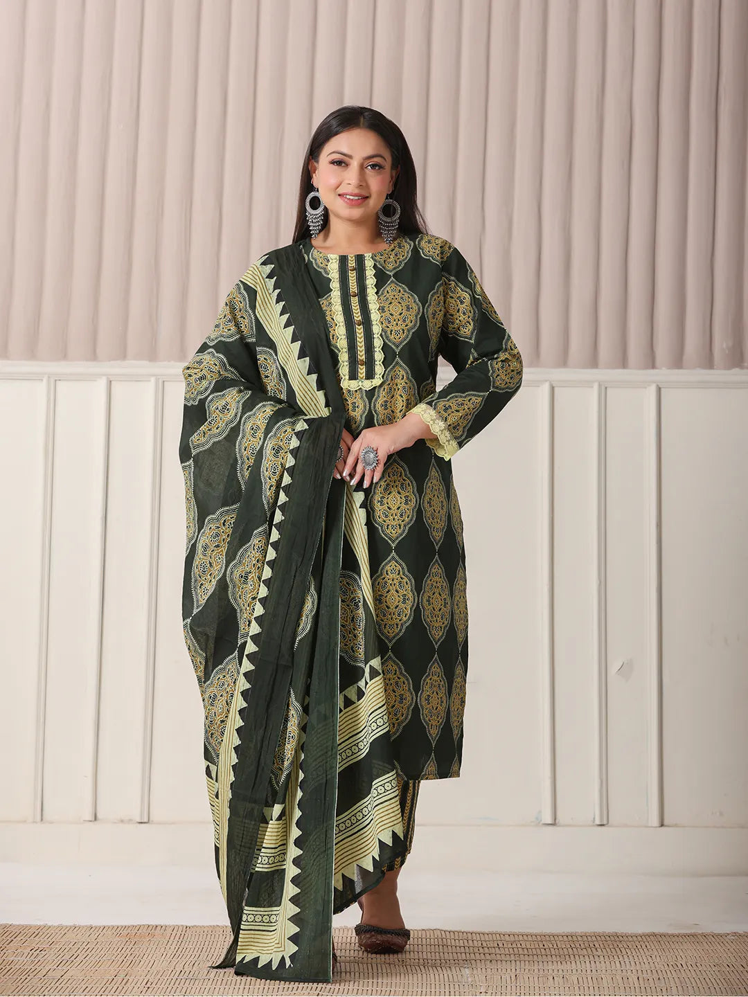 Green Block Print Cotton Lace Work Plus Size Kurta Set With Pant & Dupatta