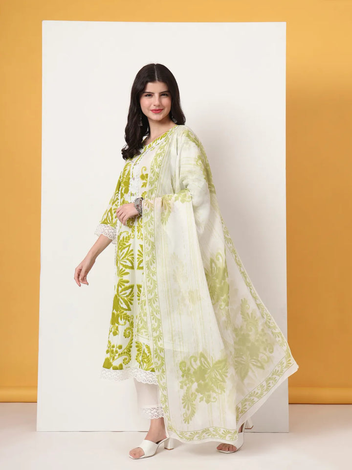Green Cotton A-Line Kurta Dupatta Pant Set