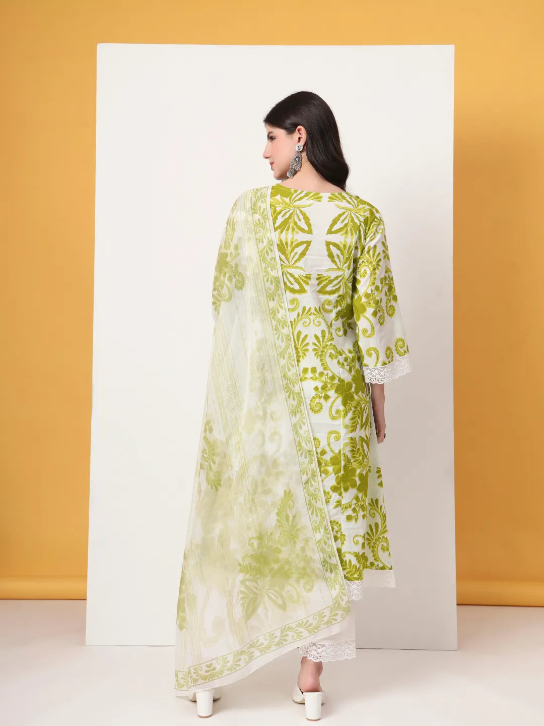 Green Cotton A-Line Kurta Dupatta Pant Set